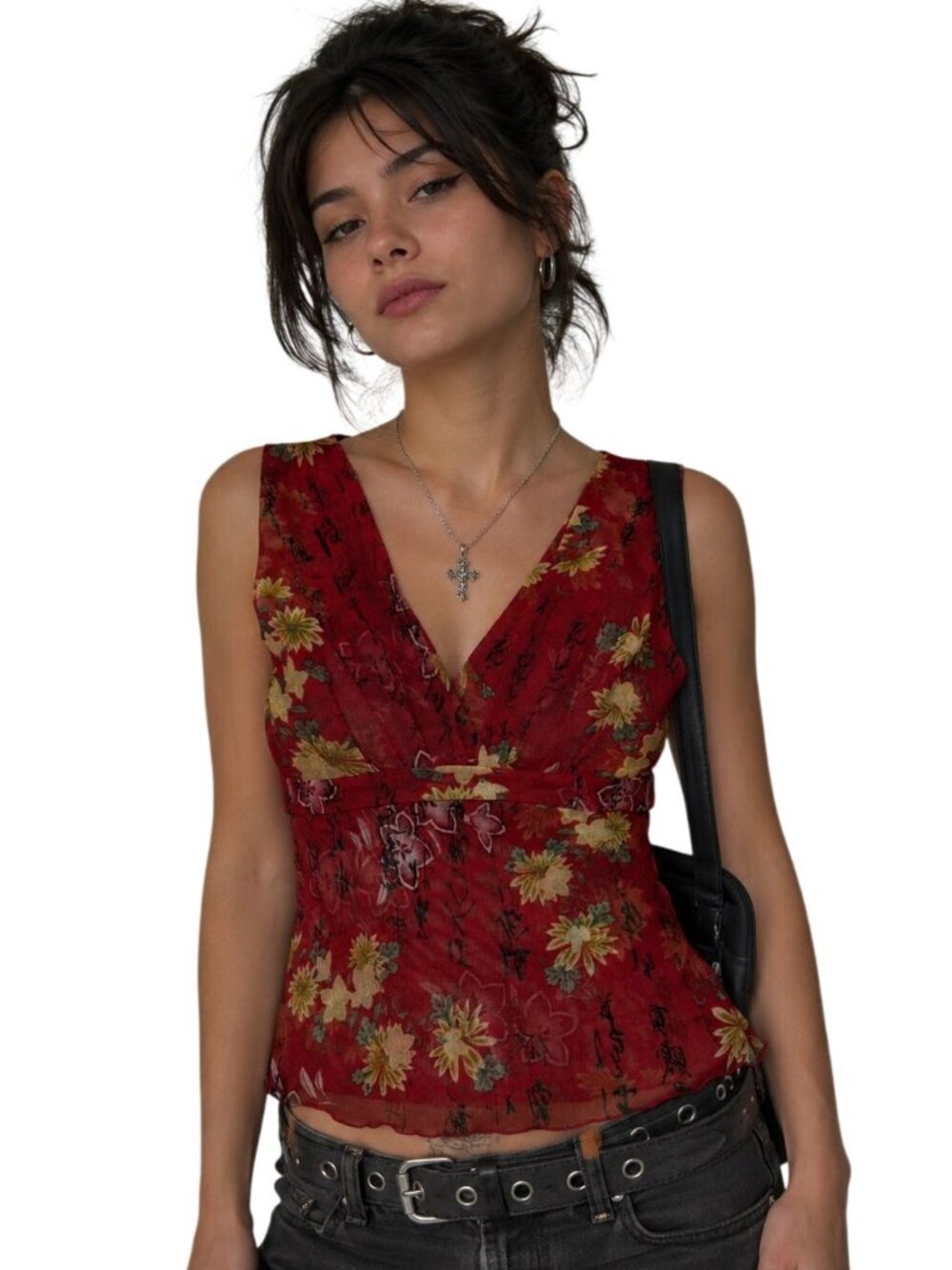 Y2K Charlotte Russe Micro Mesh Red Sheer Floral Sleeveless Blouse Medium